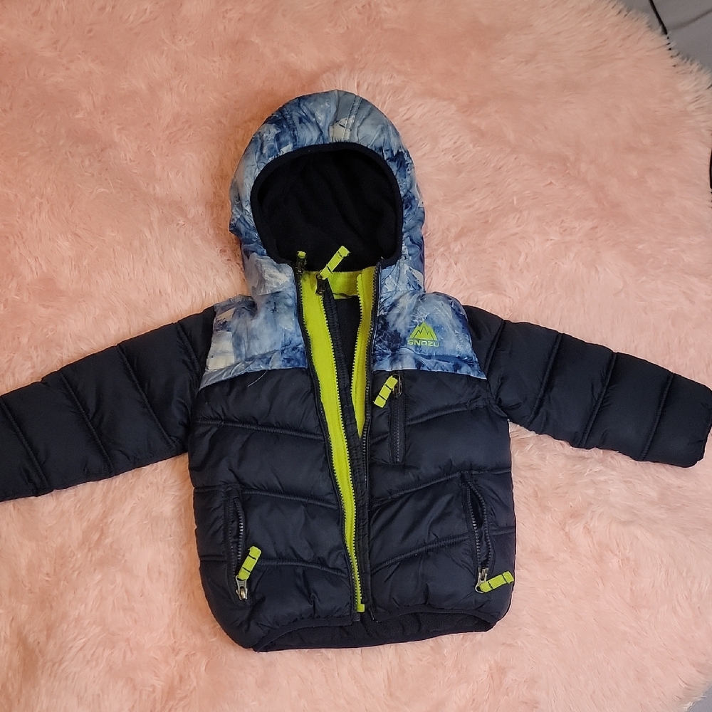 Snozu Blue and Tie-Dye Puffer Jacket with Neon Accents